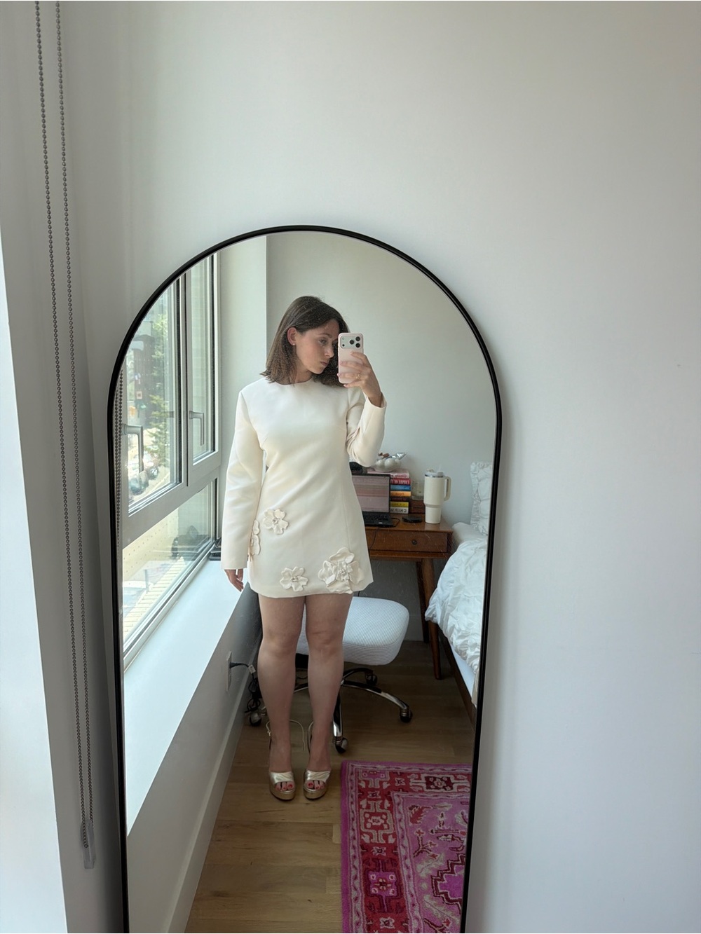 Cream Floral-Appliqué Long Sleeve Mini Dress